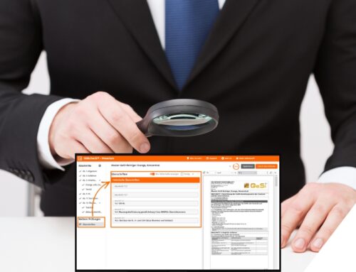 Mann mit Lupe prüft Sicherheitsdatenblatt digital