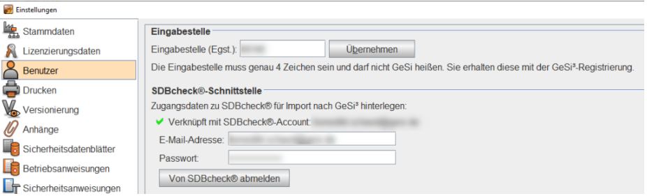 Screenshot der GeSi³-Einstellungen mit aktivierter SDBcheck®-Schnittstelle. Benutzeroberfläche zur Eingabe der Zugangsdaten für den SDB-Import.