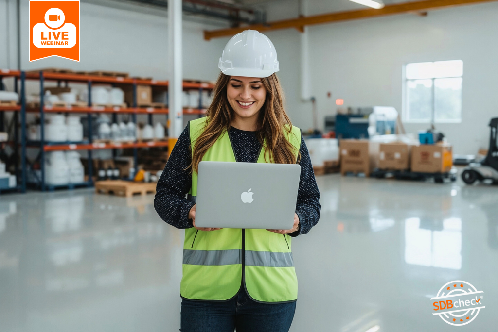 Eine Frau in Warnweste und Schutzhelm steht in einer Lagerhalle. Sie hält lächelnd einen Laptop mit dem SDBcheck® Gefahrstoffverzeichnis.