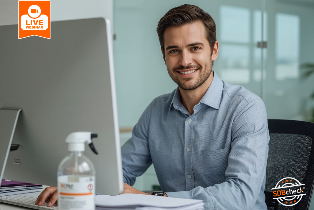 Mann sitzt gut gelaunt am PC und nutzt SDBcheck®, neben ihm sehen wir einen Stapel Sicherheitsdatenblätter und eine Flasche Reinigungsmittel.