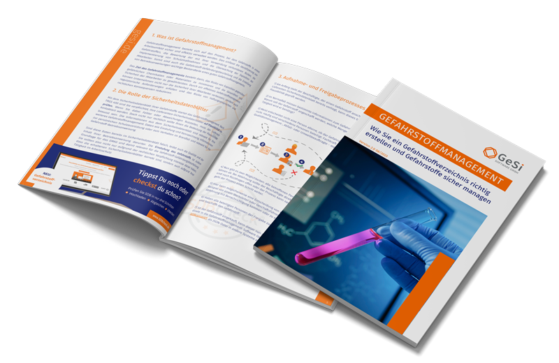 Geöffnete GeSi³ Broschüre mit Fokus auf Gefahrenstoffmanagement