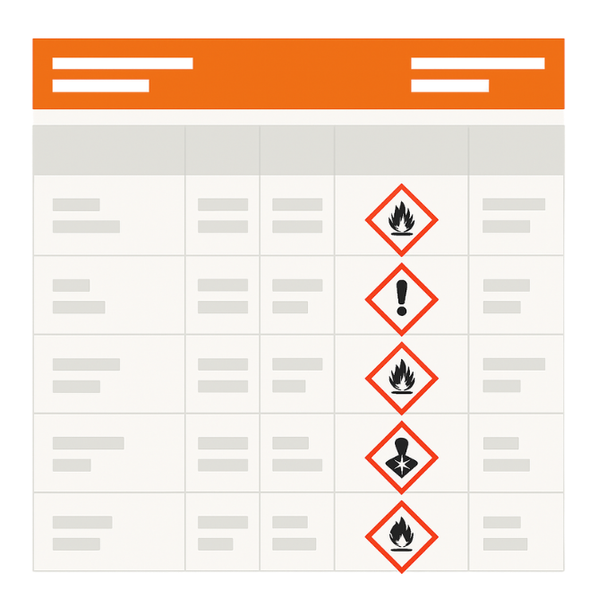 minimalistische Illustration eines Gefahrstoffverzeichnisses mit GHS-Piktogrammen
